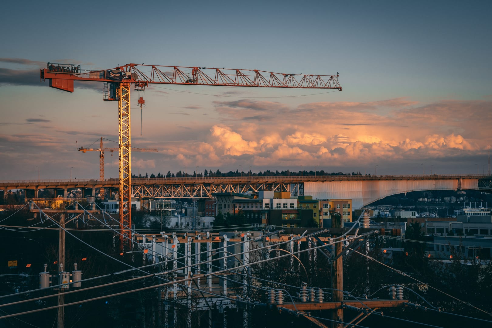 Construction site at sunset